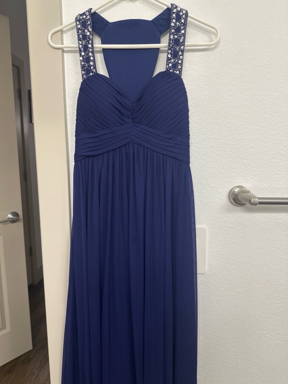 Betsy & Adam Navy Blue Embellished-Strap Prom Gown